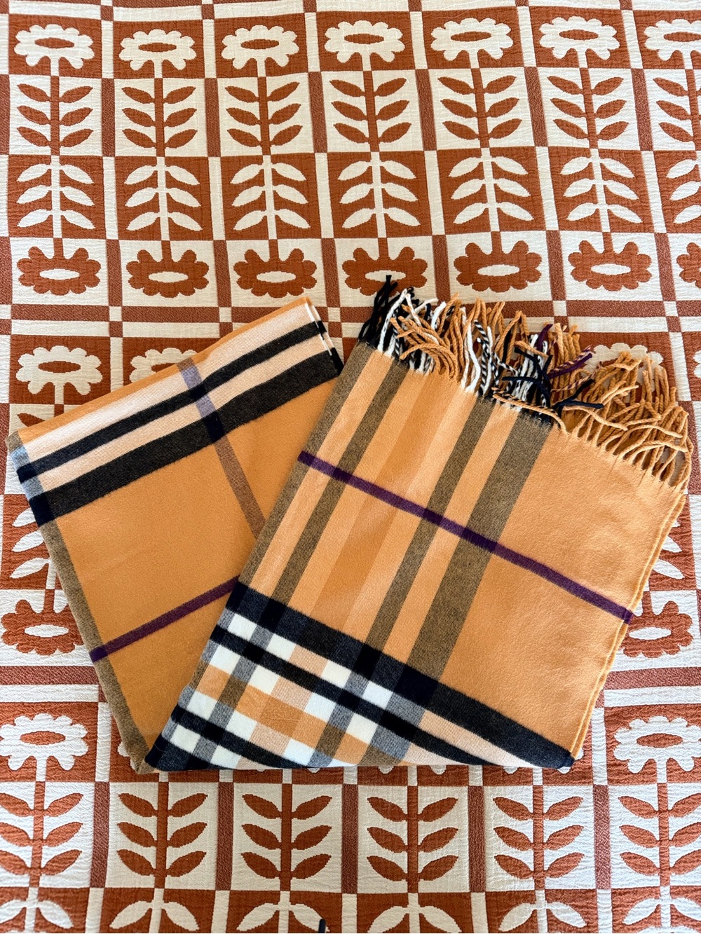 V. FRAAS Camel Plaid Fringe Scarf with Black, White & Purple Accents